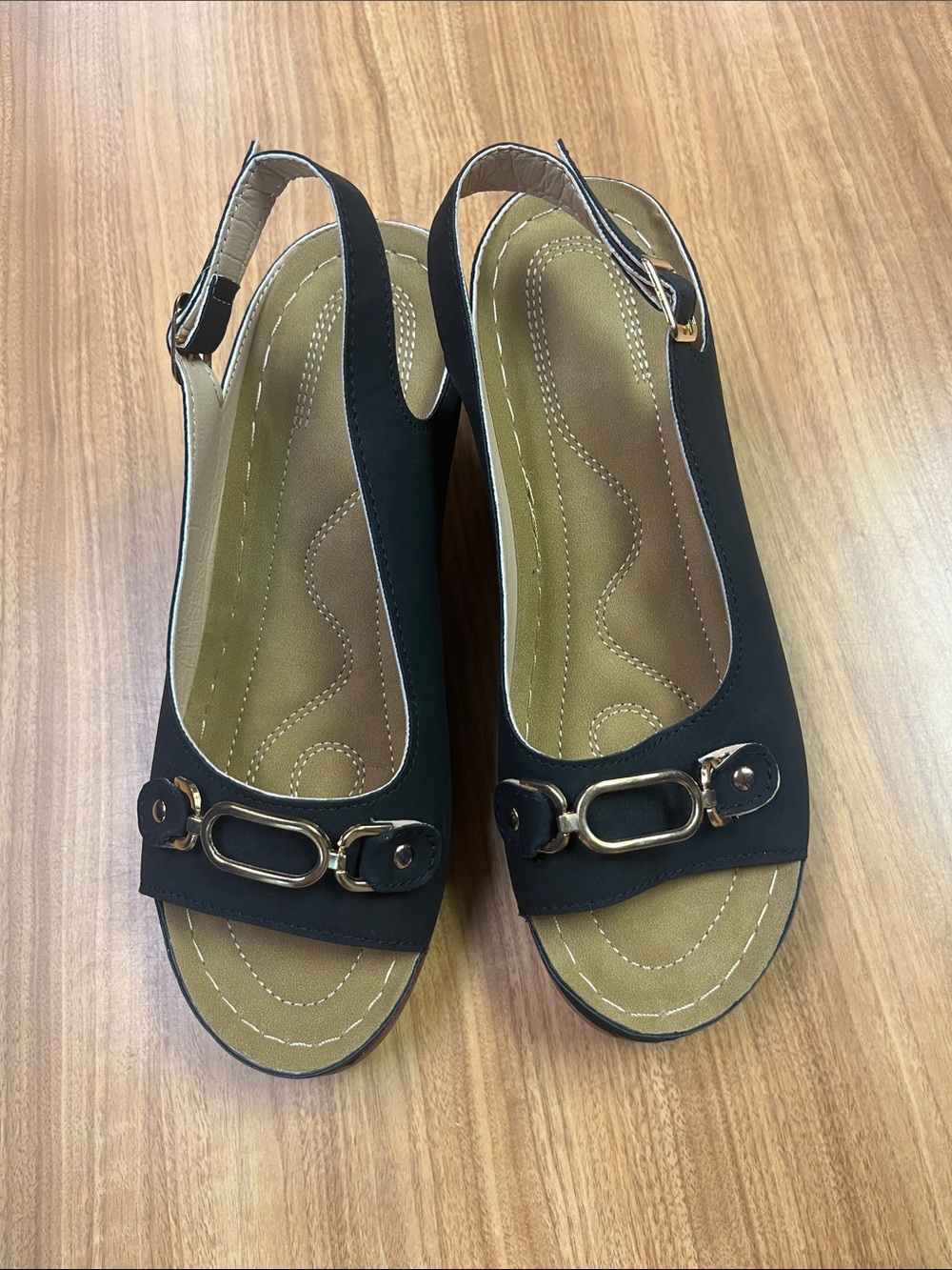 Women's Black Slingback Wedge Sandals with Gold Accent